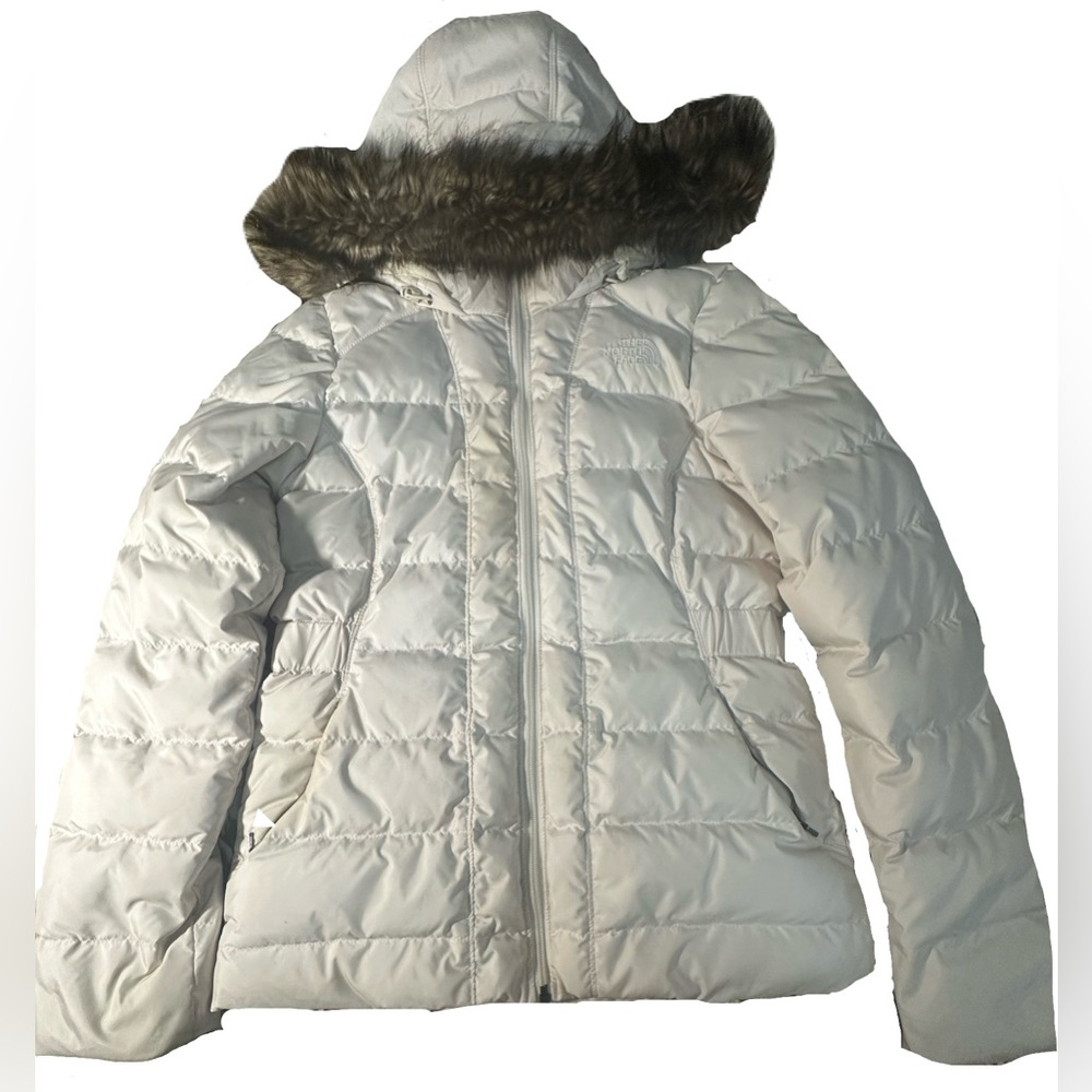 The North Face Women's Cream Puffer Jacket with Faux Fur Hood